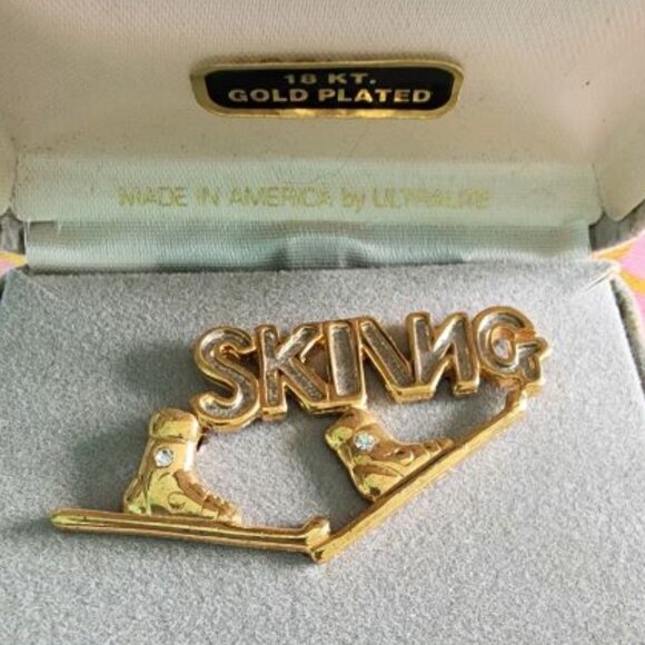 Vintage Diamond 18KT Gold Plated Ski Pin Made in America by Ultralite- Orig. Box - Picture 2 of 13